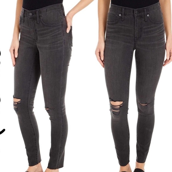 Madewell 9" High Rise Skinny Jeans in Black Raw Hem Distressed Boho - Picture 3 of 14
